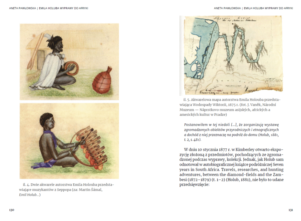 Rozkładówka książki przedstawia dwa historyczne obrazy: po lewej siedzącą osobę z opaską na głowie i biżuterią grającą na bębnie obok dużej czerwonej tykwy; po prawej mapę południowej Afryki ze statkami i znacznikami. Polski tekst i podpisy opisują obrazy. Numery stron 130-131 znajdują się na dole.