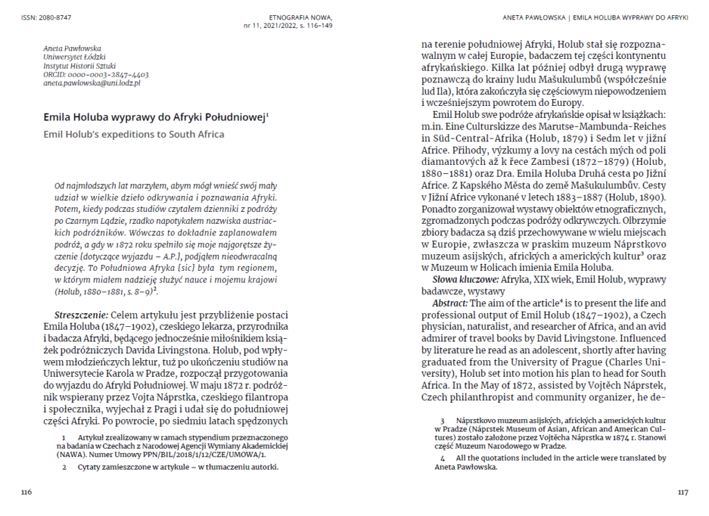 Dwie strony artykułu naukowego w języku polskim i angielskim. Lewa strona ma tytuł Emila Holuba wyprawy do Afryki Południowej i jego angielskie tłumaczenie. Obie strony są gęsto wypełnione tekstem; cytaty i przypisy są widoczne na dole.