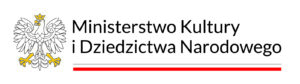 Na białym tle znajduje się szare godło Polski ze złotą koroną, dziobem i szponami po lewej stronie pogrubionego czarnego tekstu: "Ministerstwo Kultury i Dziedzictwa Narodowego". Cienka czarna linia i grubsza czerwona linia biegną pod tekstem.