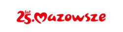 Czerwony tekst na białym tle głosi "25 lat Mazowsza". Wyrażenie 25 lat znajduje się nad słowem Mazowsze, które jest napisane pogrubioną, zabawną i zaokrągloną czcionką. Sugeruje to obchody 25-lecia związane z Mazowszem.