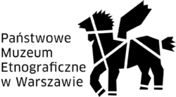 Czarne geometryczne logo Pegaza obok polskiego tekstu: Państwowe Muzeum Etnograficzne w Warszawie, na jasnym tle. Pegaz jest stylizowany za pomocą pogrubionych, kanciastych kształtów i białych linii podziału.