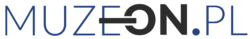 Logo z tekstem MUZEON.PL w kolorze niebieskim, zawierające stylizowany napis ON wykonany pogrubionymi czarnymi literami. O w ON jest połączone z N poziomą linią, a kropka PL jest również niebieska. Białe tło.