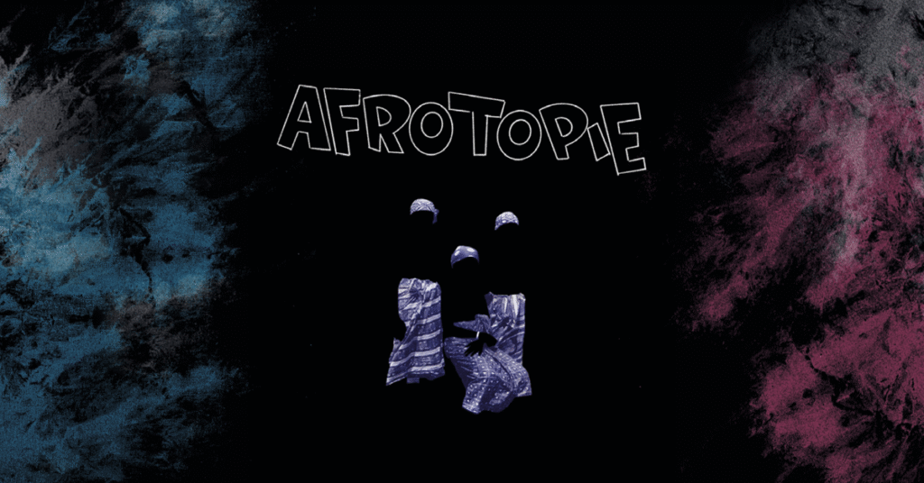 Ciemne, teksturowane tło z niebieskimi odcieniami po lewej i fioletowymi po prawej stronie. Wyśrodkowane słowo AFROTOPIE jest napisane pogrubionymi, ręcznie rysowanymi literami nad abstrakcyjnymi kształtami w niebieskie wzory przypominające elementy odzieży lub tkaniny.