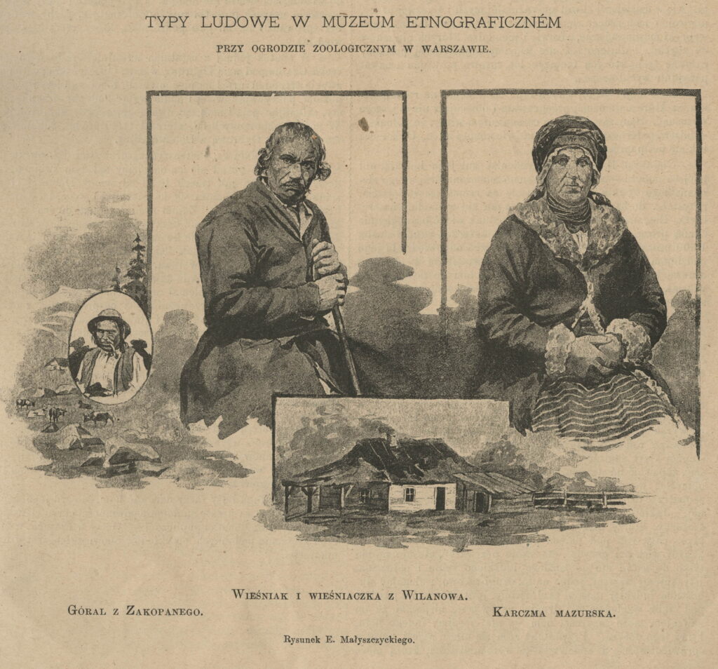 Utrzymana w tonacji sepii ilustracja zatytułowana "Typy ludowe w Muzeum Etnograficznym" przedstawia portrety mężczyzny i kobiety w tradycyjnych polskich strojach ludowych, a poniżej znajdują się dwa mniejsze obrazy przedstawiające wiejskie domy i kobietę w stroju regionalnym. Etykiety identyfikują ich pochodzenie.