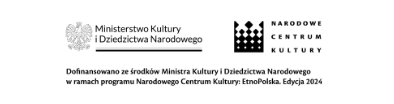 Czarno-białe logotypy polskiego Ministerstwa Kultury i Dziedzictwa Narodowego (z godłem) oraz Narodowego Centrum Kultury pojawiają się nad polskim tekstem o finansowaniu programu "EtnoPolska" 2024, wspieranego przez Ministerstwo i Centrum.