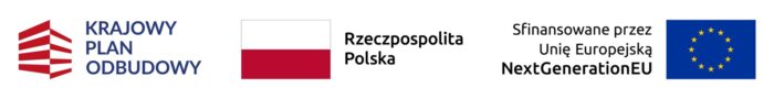 Logo "Krajowego Planu Odbudowy", polska flaga z napisem "Rzeczpospolita Polska" oraz flaga UE z napisem "Sfinansowane przez Unię Europejską NextGenerationEU" na białym tle.