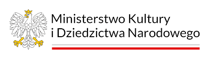 Logo polskiego Ministerstwa Kultury i Dziedzictwa Narodowego. Po lewej stronie znajduje się biały orzeł ze złotą koroną, dziobem i łapami, symbolizujący Polskę. Po prawej stronie znajduje się nazwa ministerstwa w języku polskim, nad czerwono-szarą poziomą linią.