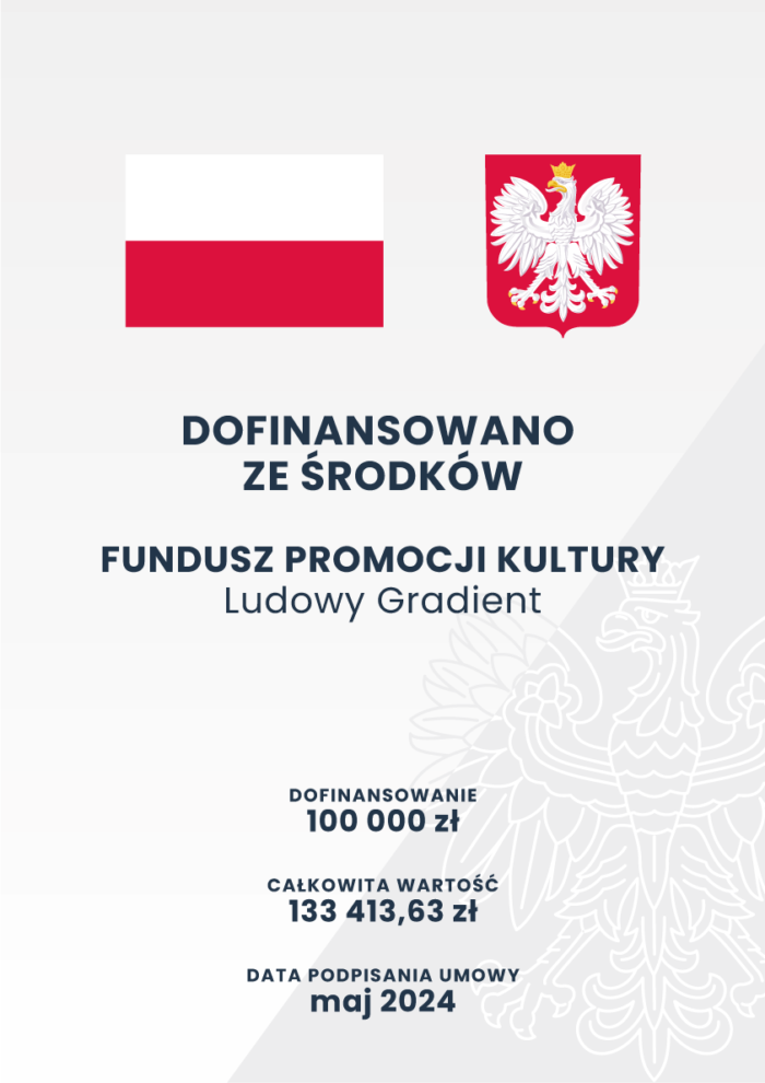 Grafika z polską flagą i godłem u góry. Poniżej wytłuszczony tekst o treści: Dofinansowano ze środków Funduszu Promocji Kultury Ludowy Gradient. Informacje o finansowaniu i daty są wymienione; słaby biały orzeł wypełnia prawe dolne tło.